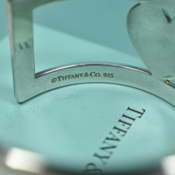 Tiffany &Co Silver Stencil Heart Wide Element Cuff Bangle Bracelet w/ Pouch, Box - Picture 3 of 8